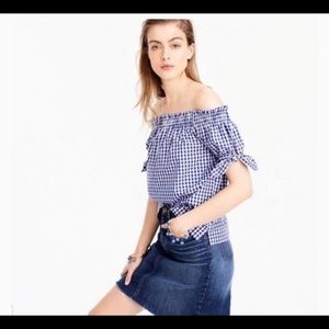 J. Crew Gingham Checked Tie Sleeve Off Shoulder Blouse Size 0